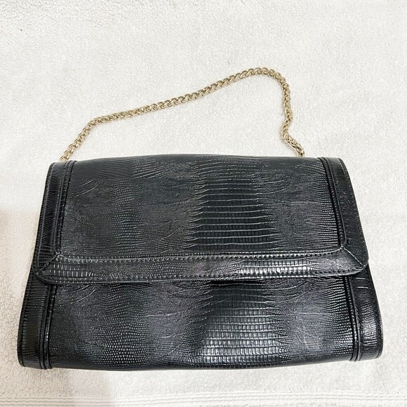Ann Taylor Handbags - Ann Taylor Loft Black Moc Croc Shoulder Purse Gold Chain Old Money Classic